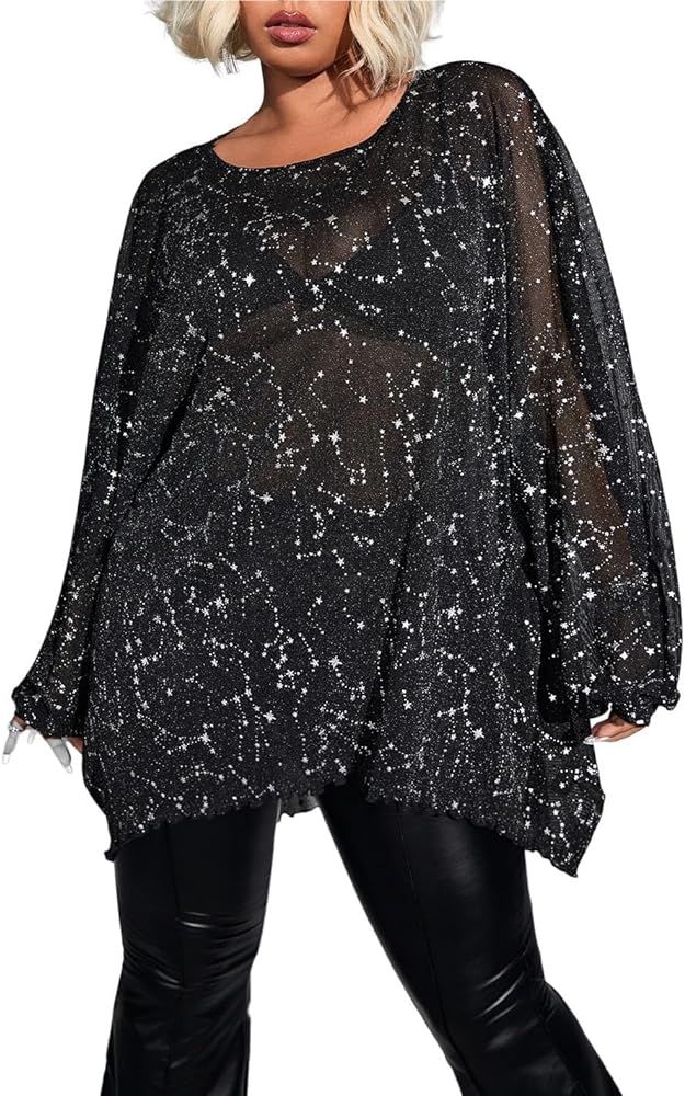 WDIRARA Women's Plus Size Star Print Mesh Glitter Round Neck Long Sleeve Oversized Sparkly Tee To... | Amazon (US)