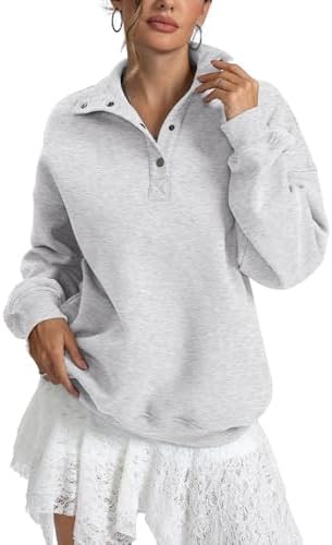 Womens Fleece Sweatshirts Oversized Henley Neck Long Sleeve Button Pullover Tops Trendy Outfits C... | Amazon (US)