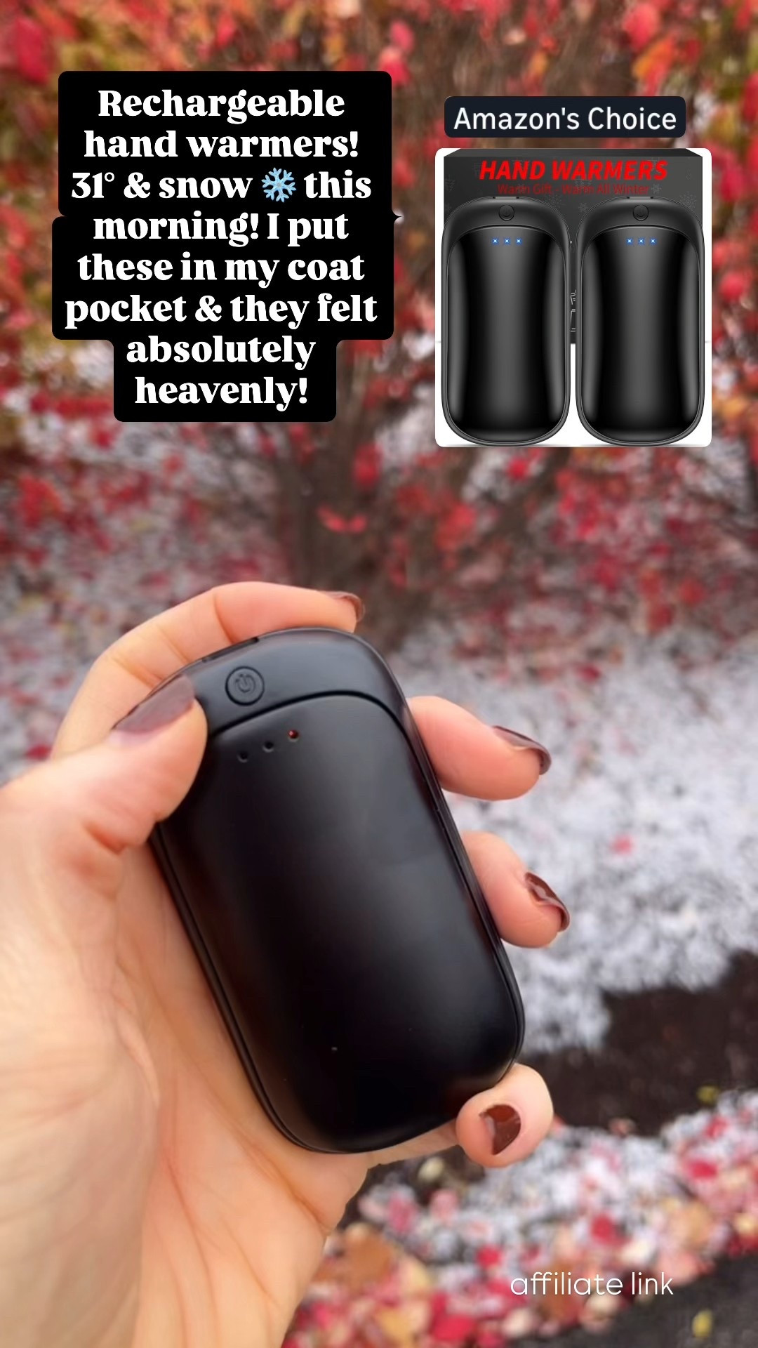 Rechargeable hand warmers!
31° & Snow ❄️ this morning! I put these in my coat pocket & they felt absolutely heavenly!

#LTKSeasonal #LTKFindsUnder50 #LTKdayinmylife