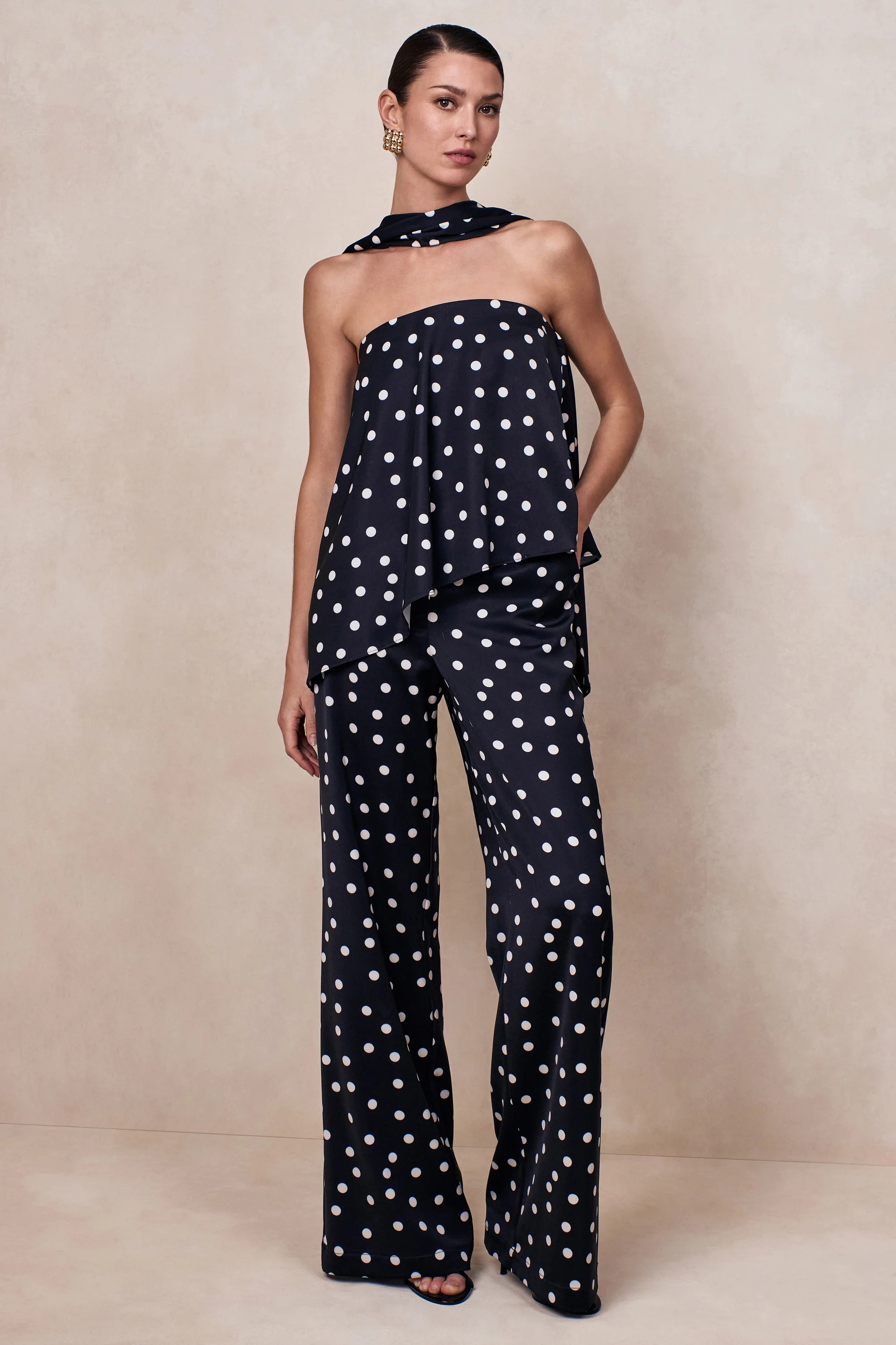 Seloria | Black & White Satin Polka Dot Wide-Leg Trouser | Club L London