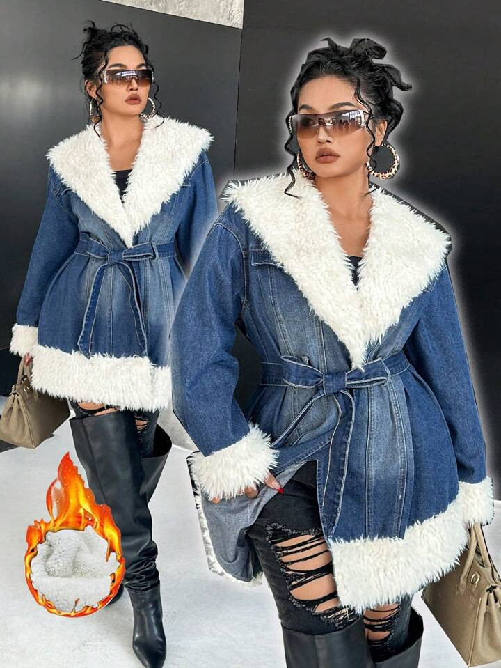 SHEIN ICON Blue Plus Size Denim Jacket Winter Coat Furry Top Y2K Outfit | SHEIN