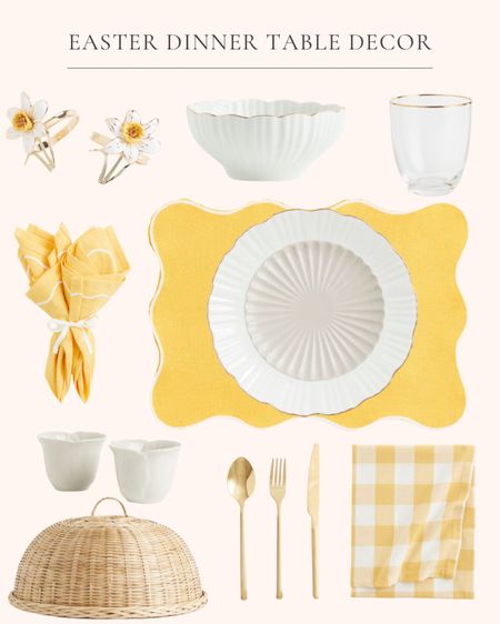 Easter dinner table decor. Easter brunch. Spring table decor. White and gold porcelain plates. Porcelain serving bowl. Small scalloped porcelain plate. Gold rimmed beverage glasses. Stoneware egg cups. Bamboo food cover. Yellow napkins. Yellow placemats. Daffodil metal napkin rings. Yellow buffalo check tablecloth. Gold cutlery set  

#LTKfindsunder50 #LTKhome