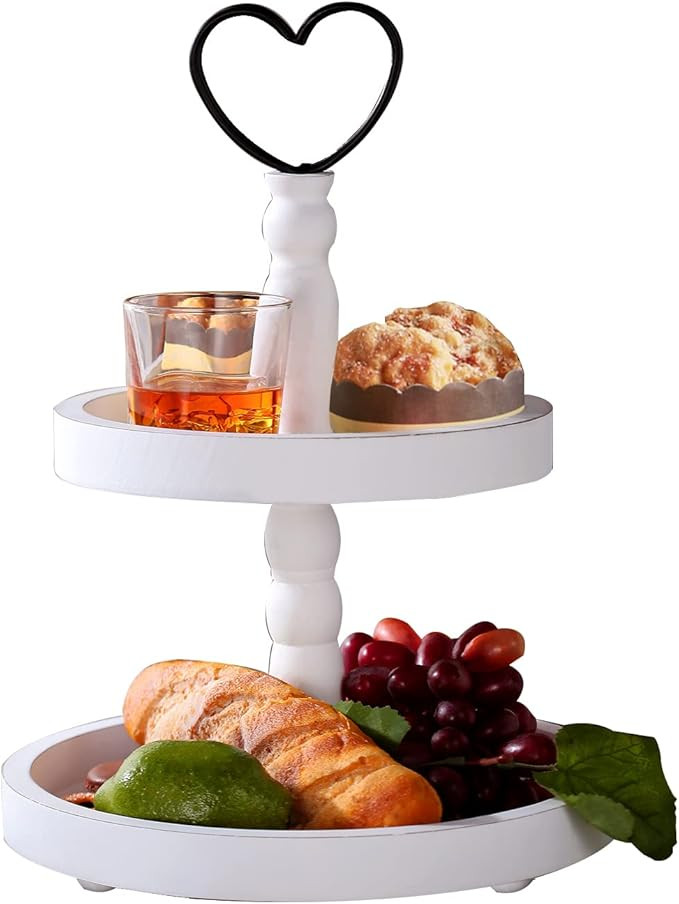 HAPOO 2-Tier Decorative Wood Trays, Round White Tray Stand w Metal Handle Vintage Decor for Macar... | Amazon (US)