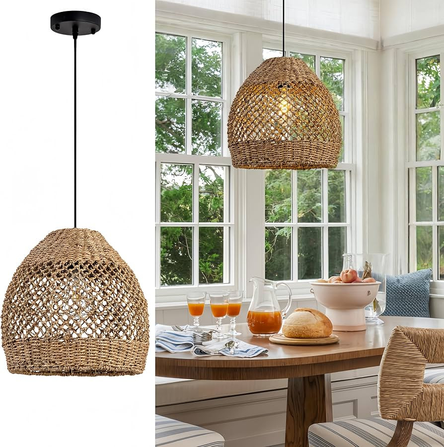 Boho Rattan Pendant Lights 13.8IN Farmhouse Dining Room Light Fixtures Hand-Woven Seagrass Chande... | Amazon (US)