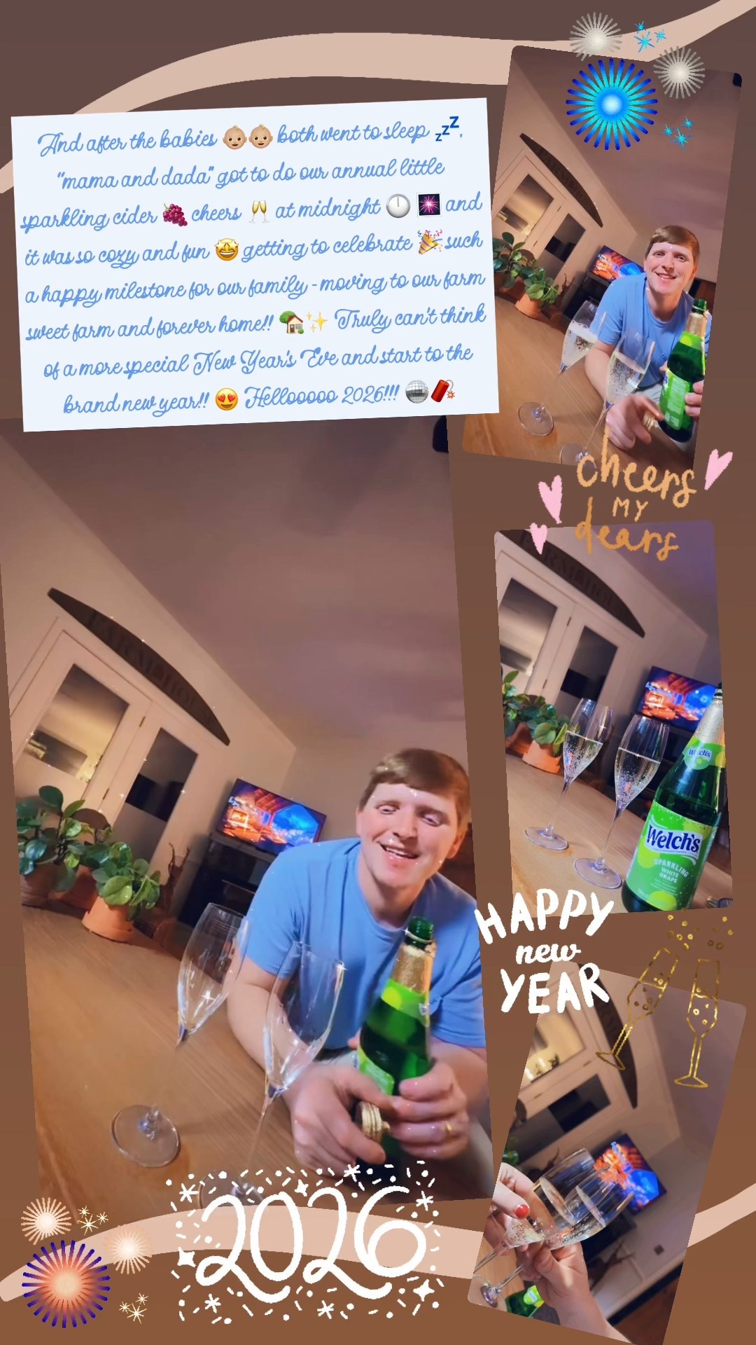 And after the babies 👶🏼👶🏼 both went to sleep 💤, “mama and dada” got to do our annual little sparkling cider 🍇 cheers 🥂 at midnight 🕛 🎆 and it was so cozy and fun 🤩 getting to celebrate 🎉 such a happy milestone for our family - moving to our farm sweet farm and forever home!! 🏡✨ Truly can’t think of a more special New Year’s Eve and start to the brand new year!! 😍 Hellooooo 2026!!! 🪩🧨