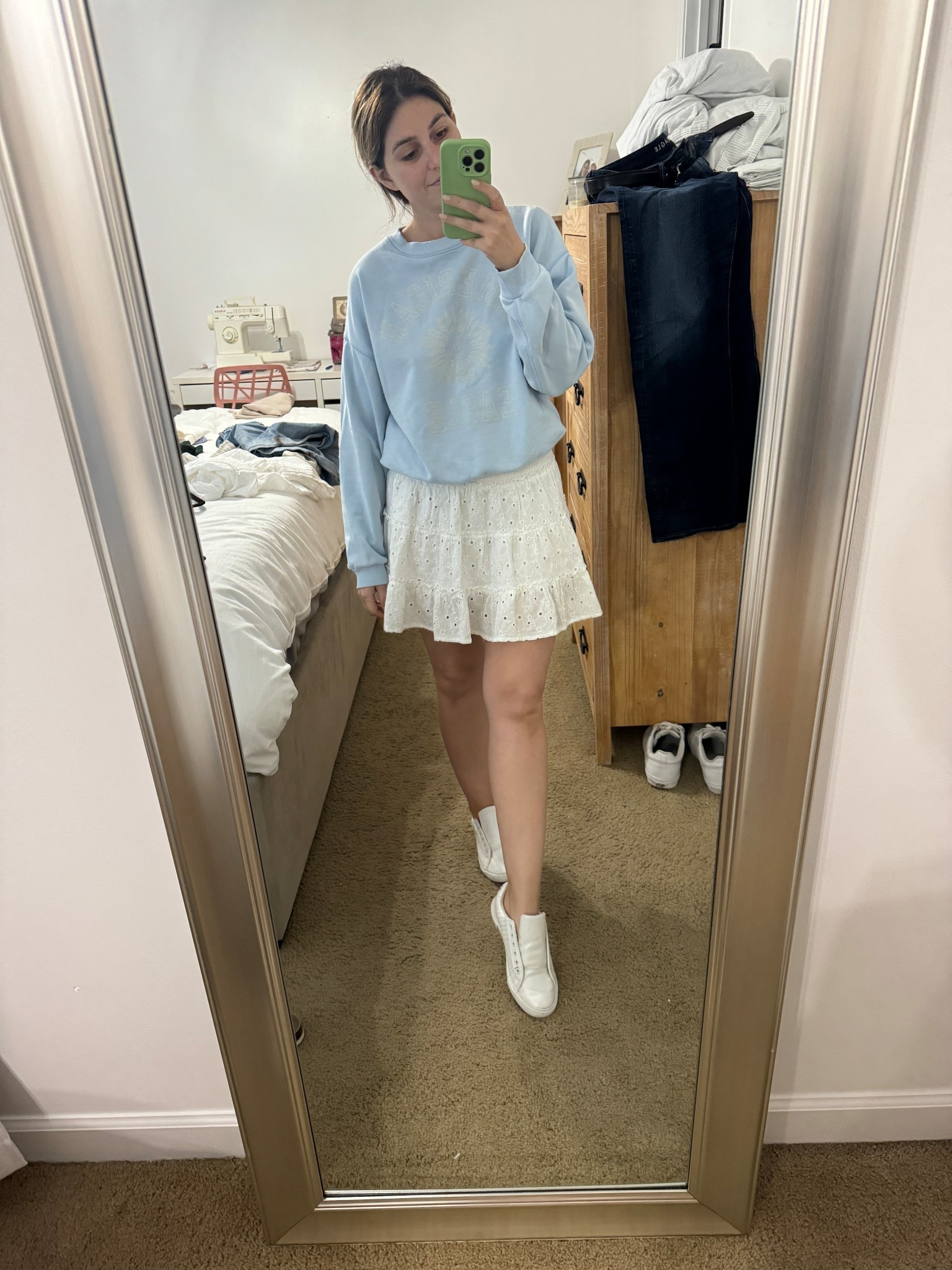 Everyday summer outfit, Casual summertime outfit, summer fashion. I am wearing an American Eagle baby blue pullover sweatshirt in a size small, a white eyelet ruffled skirt originally from American Eagle in a size small, I linked similar ones, and white shoes from Nautica. #Americaneagle #AE #skirt #ltkskirt #LTKsummer #ltksummer #summerfashion #ltkfashion #ltkstyle  

 #LTKSeasonal #LTKFindsUnder100 #LTKStyleTip