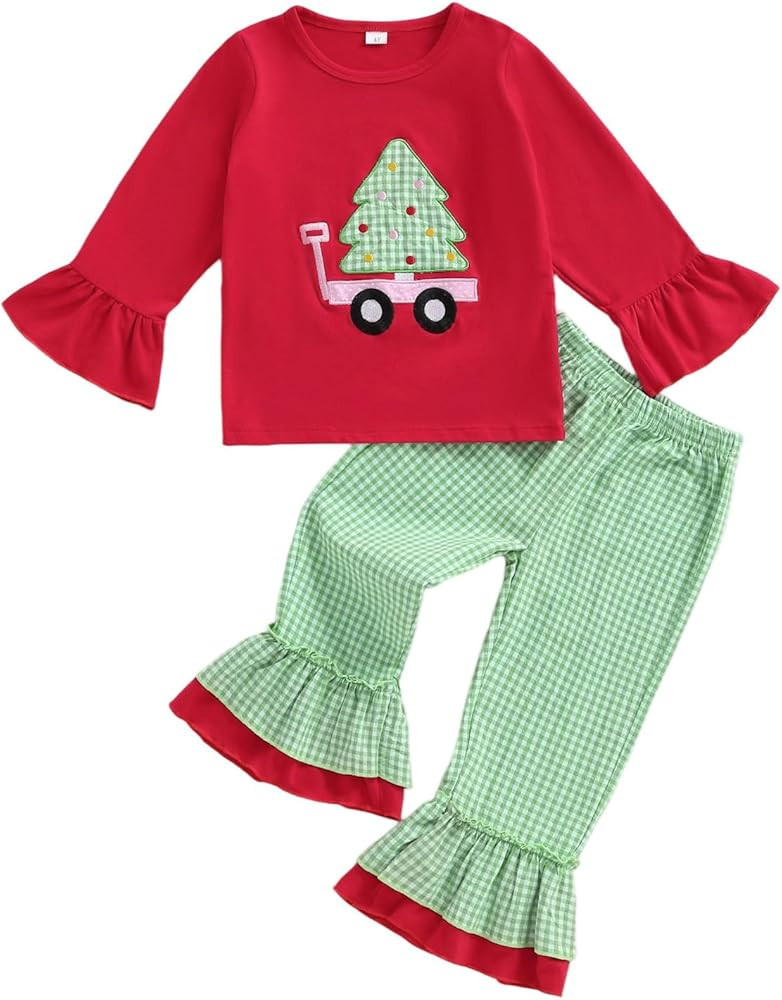Toddler Girl Christmas Outfit Cute Christmas Tree Long Sleeve Shirt and Flared Bottoms Pants 2PCS... | Amazon (US)