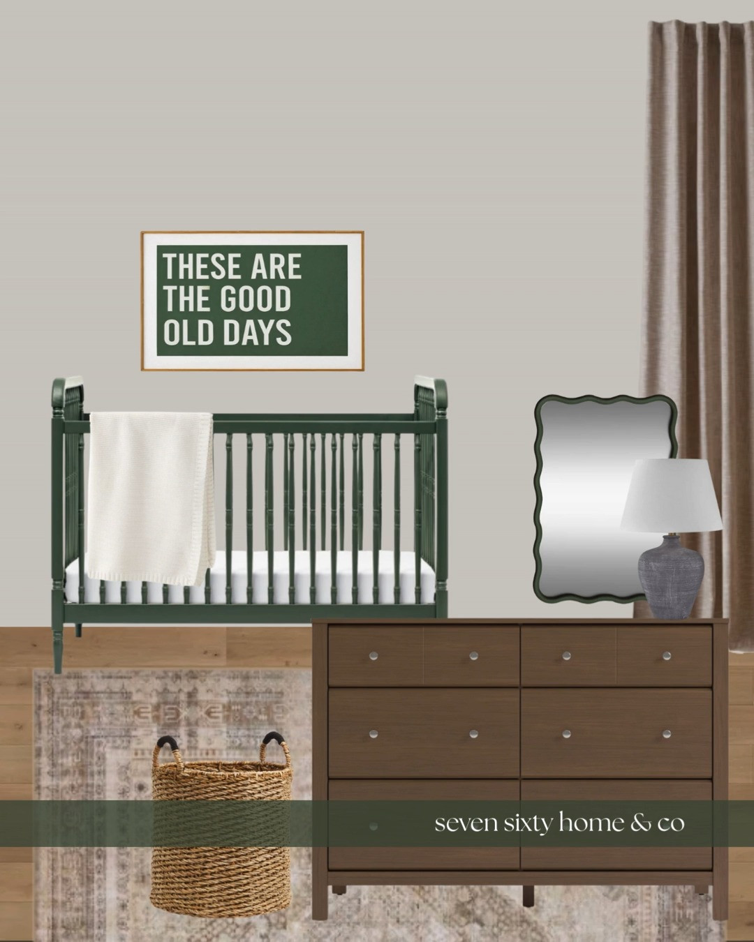 A warm transitional nursery designed with timeless shapes and calming, nature-inspired tones. A classic green crib anchors the space, paired with warm wood furniture, soft neutral textiles, and vintage-style accents that feel collected rather than themed.

Layered with muted greens, warm browns, and gentle contrast, this nursery blends traditional charm with a modern, livable layout. A flexible foundation that grows easily from babyhood into toddler years while keeping the space calm, cozy, and intentional. 

 #LTKHome #LTKBaby