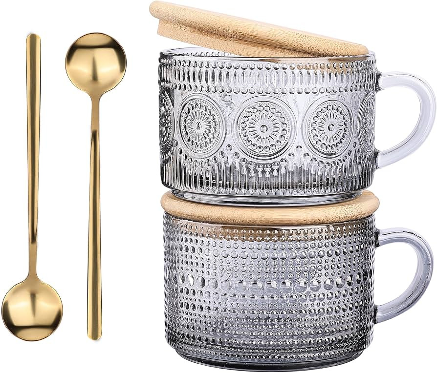 Vintage Glass Coffee Mugs Set,Clear Embossed Glass Tea Cups with Bamboo Lids and Spoons, Cute Cof... | Amazon (US)