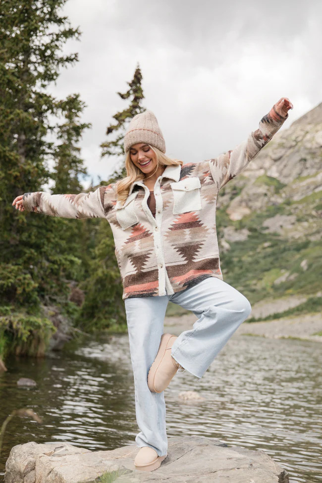 Venture Out Brown Fuzzy Southwestern Shacket | Pink Lily