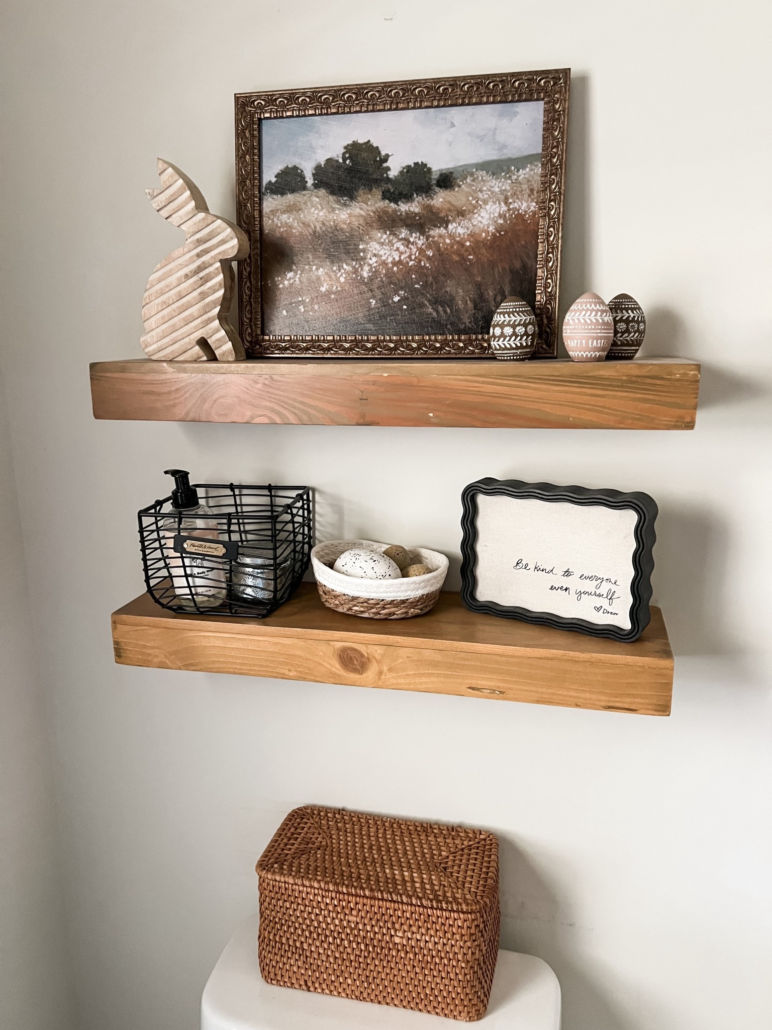 Spring bathroom shelf styling with Walmart and Target finds. Bunny is TJMaxx and eggs are last year Walmart. #decor affordable refresh

#LTKHome