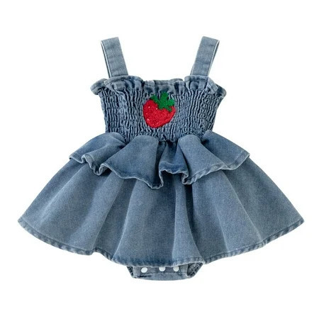 JAKANYQ Baby Girls Strawberry Print Denim Dress Sleeveless Summer Casual Outfits For Newborns Blue 6-9 Months | Walmart (US)
