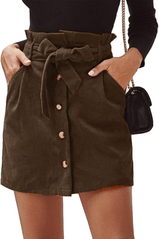 Susupeng Women Paperbag High Waist Elastic Belted Corduroy Button Front with Pockets Short Mini S... | Amazon (US)