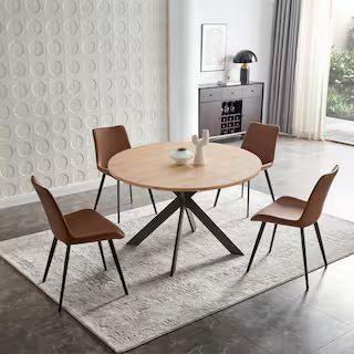 GOJANE 5-Piece Brown Chairs and  Round Oak Wood Top , Dining Table Set, Dining Room Set with 4-M... | The Home Depot