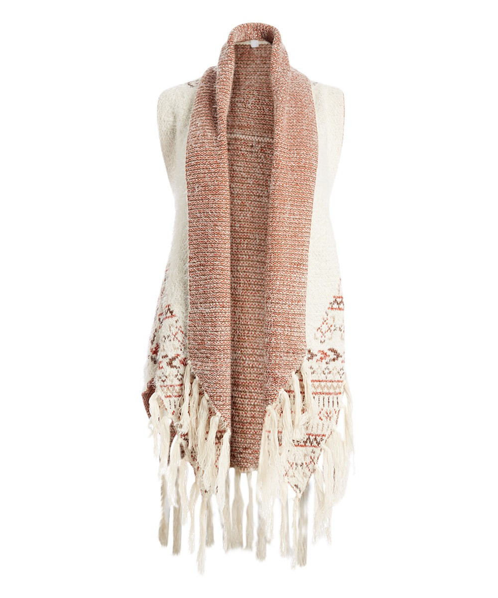 Pretty Angel Women's Dresswear Vests CREAM(CM) - Cream & Light Brown Geometric Linen-Wool Blend Frin | Zulily