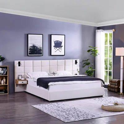 King Size Storage Velvet Upholstered Hydraulic Platform Bed With 2 Shelves, 2 Reading Lamps And USB Port, Beige | Wayfair North America