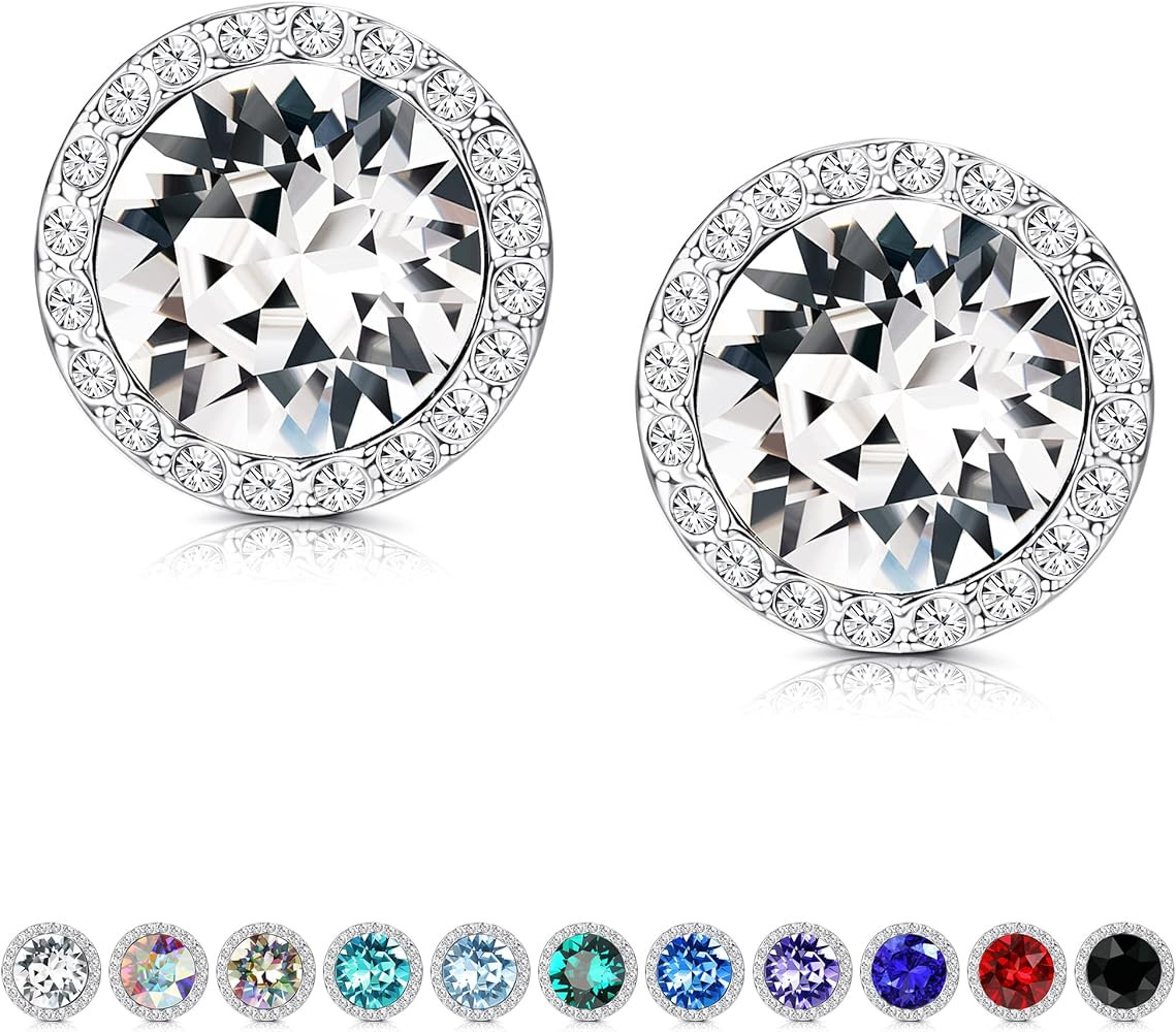 KesaPlan Sterling Silver Crystals Stud Earrings for Women, Made of Austria Crystals, Round-Cut Rh... | Amazon (US)