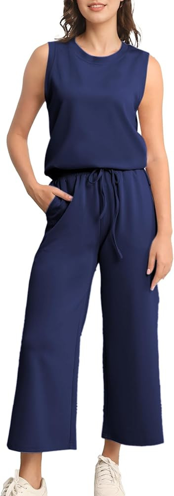 Womens 2 Piece Outfits Sleeveless Tunic Tank Top Drawstring High Waist Wide Leg Pants Lounge Sets... | Amazon (US)