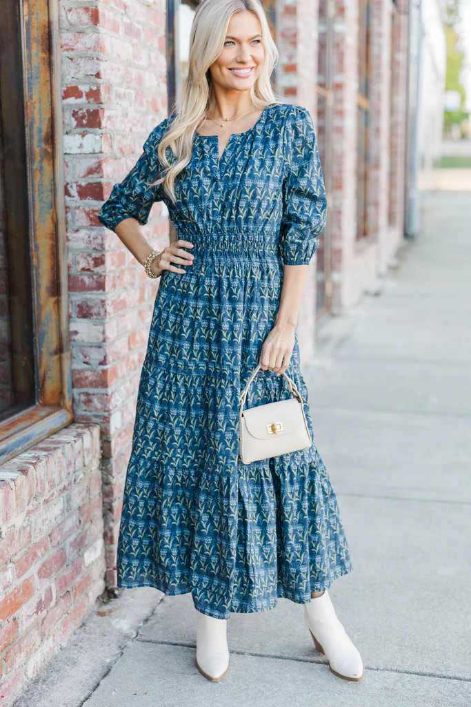It's In The Air Navy Medallion 3/4 Sleeve Midi Dress | The Mint Julep Boutique