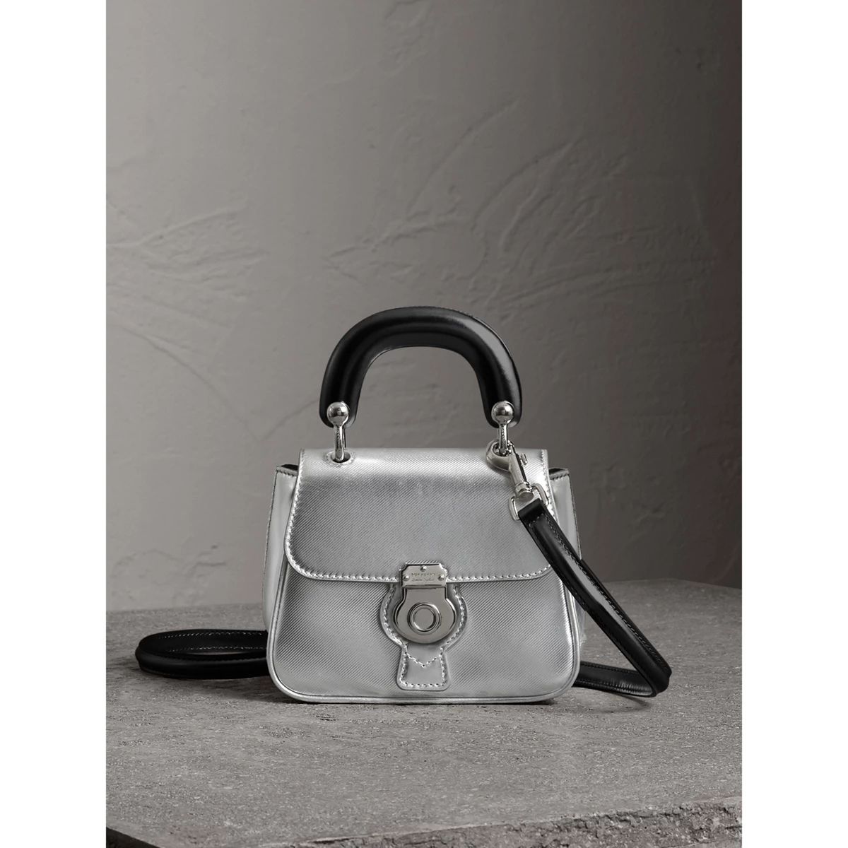 Burberry The Mini DK88 Top Handle Bag in Metallic Leather, Grey | Burberry (US)