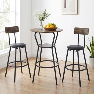 2-Piece Rustic Round Bar Table Set with Shelf and 1 Upholstered Stool, Rustic Brown & Black | Wayfair North America
