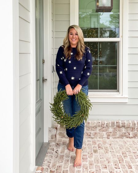 Loving this look for less wreath (just snip off the included bow and add your own if you don’t love it), this navy blue star sweater and these straight jeans! The clothes fit true to size and the wreath is approximately 18”!
.
#ltkhome #ltkholiday #ltkunder50 #ltkstyletip #ltkseasonal #ltkunder100 #ltkseasonal

#LTKunder50 #LTKhome #LTKHoliday