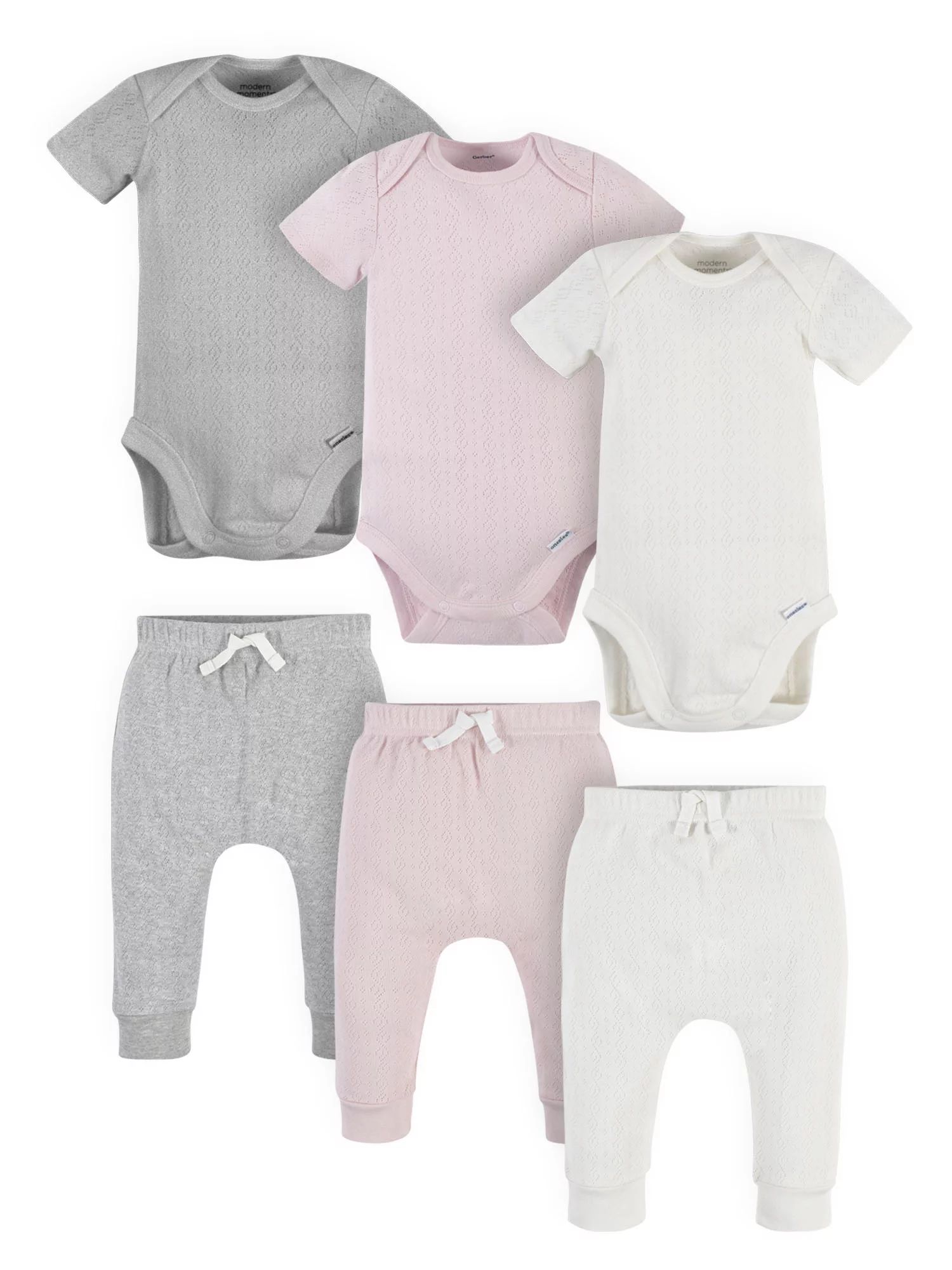 Modern Moments by Gerber Baby Girl Solid Pointelle Bodysuits & Pants, 6-Piece Outfit Set (Newborn... | Walmart (US)