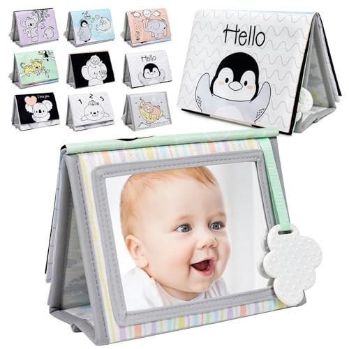 Dr.Rapeti Soft Tummy Time Book Baby Safe Mirror with Teether Crinkle Pages Tummy Time Mirror High Contrast Montessori Sensory Toy Tummy Time Toy for Newborn Baby Infant for 0+ | Amazon (US)