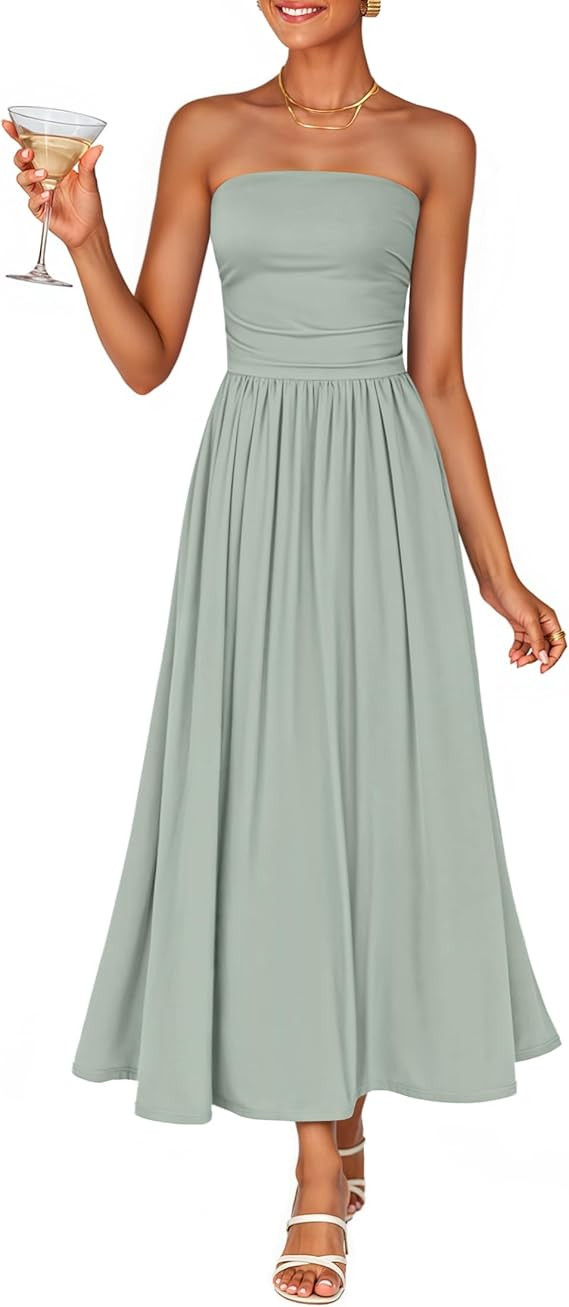 ZESICA Women's Summer Sleeveless Midi Dress 2026 Strapless Ruched A Line Flowy Wedding Guest Part... | Amazon (US)