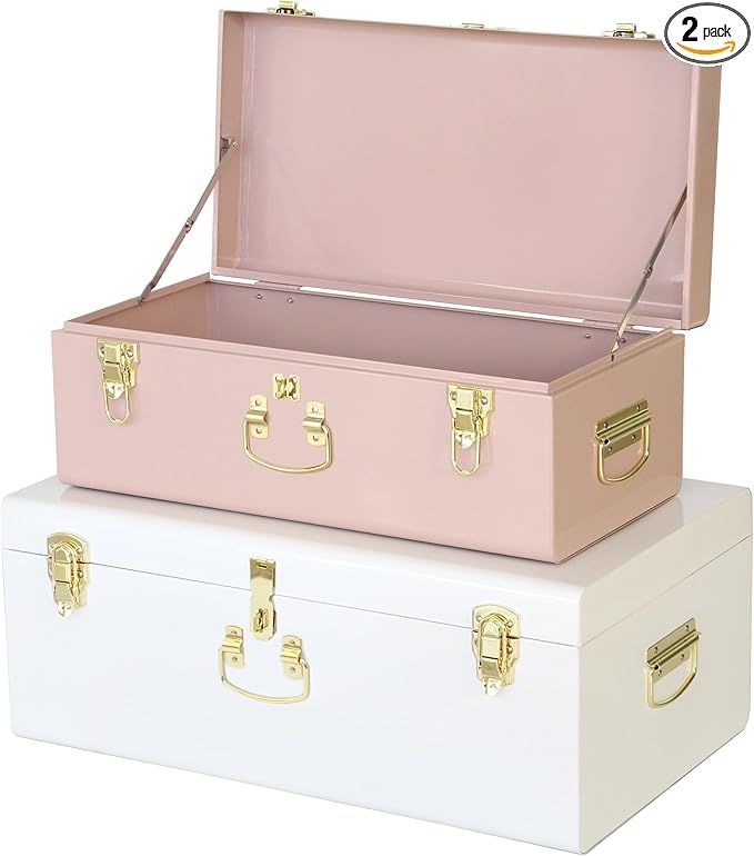 Vixdonos Metal Trunk Decorative Storage Box Set of 2 College Dorm Chest with Handle (Pink and Whi... | Amazon (US)