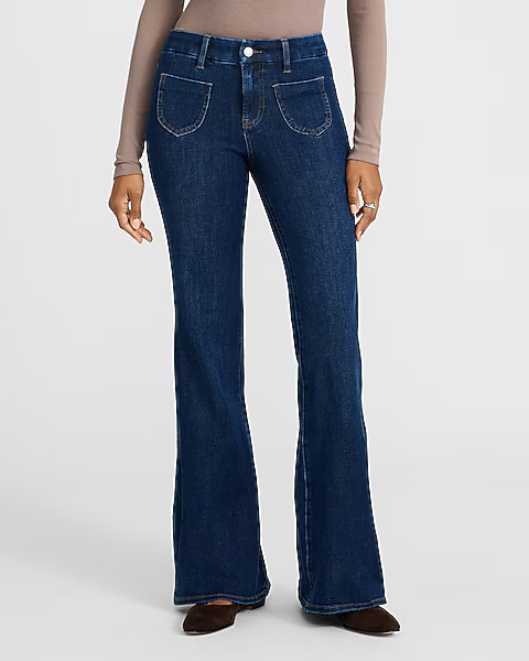 Mid Rise Dark Wash Patch Pocket FlexX '70s Flare Jeans | Express