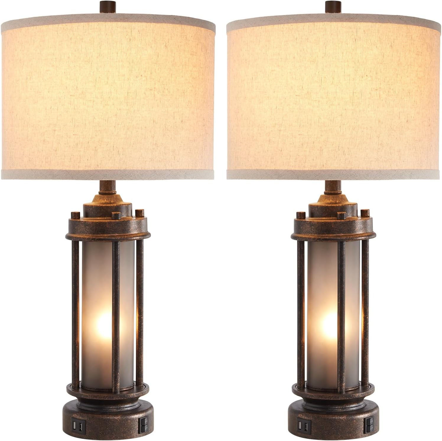 Set of 2 Farmhouse Lamps for Living Room, Rustic Vintage Bedroom Nightstand Table Lamp with 2 USB... | Amazon (US)