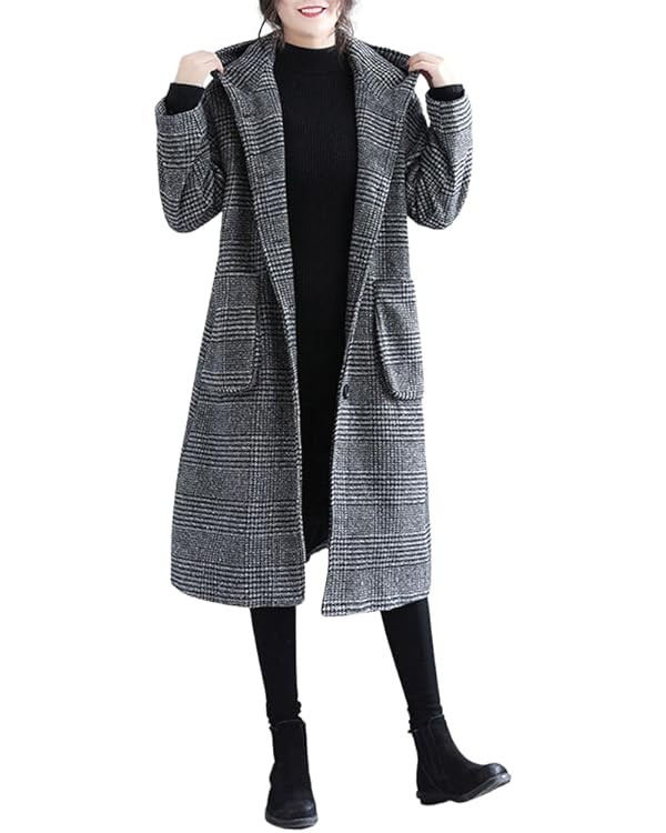 chouyatou Women's Retro Houndstooth Plaid Single Breasted Long Wool Coat with Hood | Amazon (US)