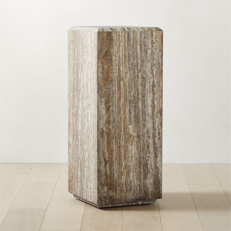 Tura Tall Brown Modern Travertine Pedestal Table + Reviews | CB2 | CB2