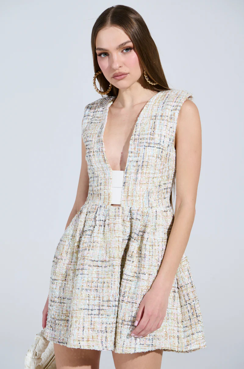 JUST A GIRL TWEED MINI DRESS IN WHITE | AKIRA