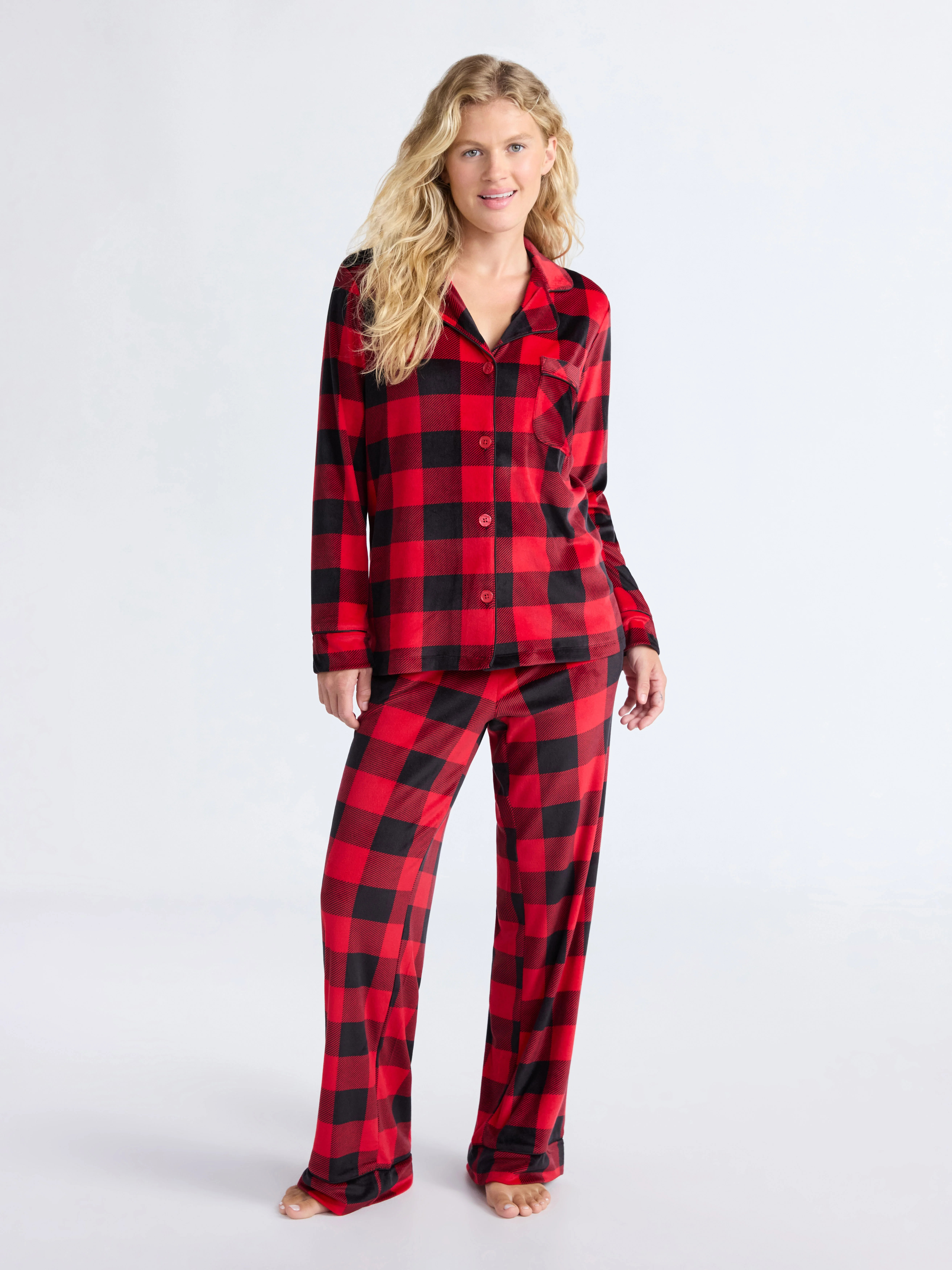 Joyspun Women’s Stretch Velour Notch Collar Long Sleeve Pajama Set, Sizes XS to 4X | Walmart (US)