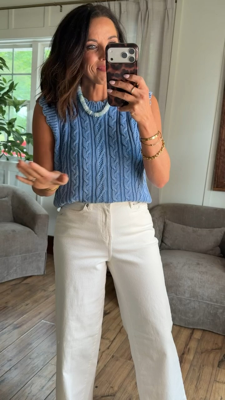 this walmart sweater tank is too good 💙 lightweight enough for summer but still gives that elevated look with white denim. such an easy outfit to throw on and feel put together. #walmartfashion #walmartfinds #summerstyle #sweatertank #whitejeans #casualstyle #everydayoutfit #ltkstyle
