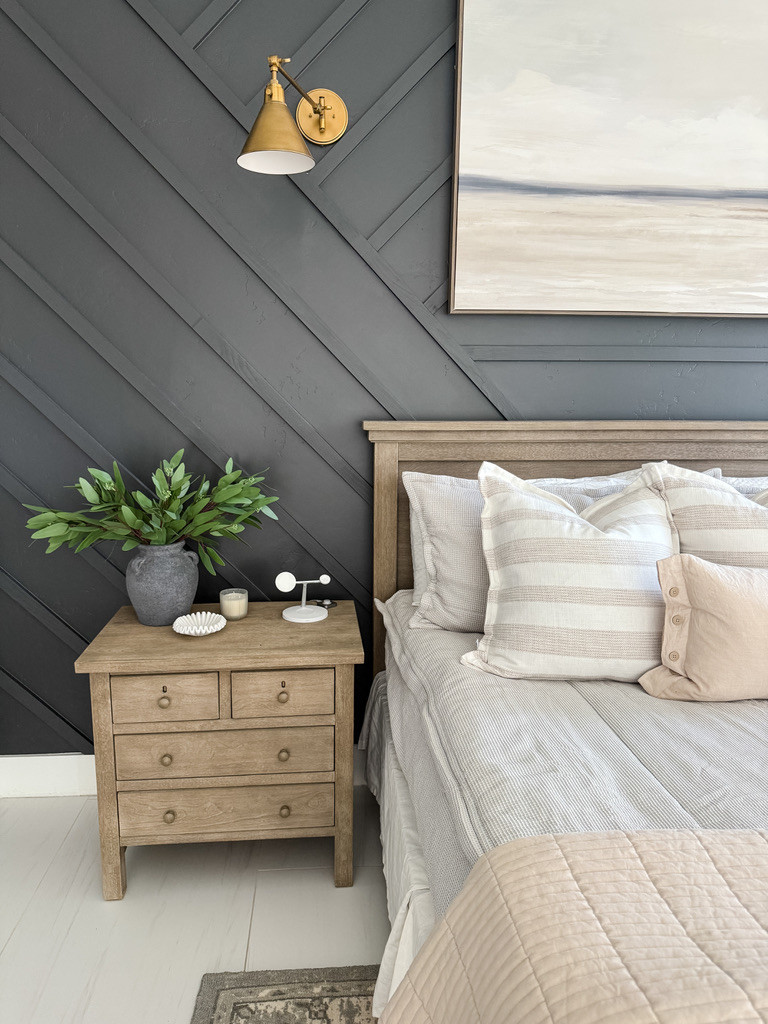 Primary Bedroom with dark grey walls and neutral modern decor  

 

#LTKHome