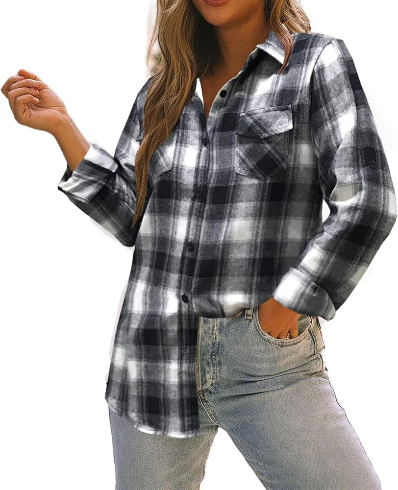 Oyamiki Womens Casual Cuffed Long Sleeve Boyfriend Button Down Plaid Flannel Shirt Tops | Amazon (US)