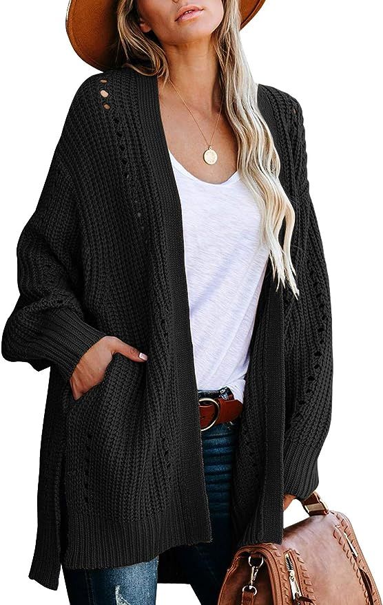 GRAPENT Women's Frost Grey Loose Open Front Knit Sweater Cardigan Casual Buttons Pockets Outwear ... | Amazon (US)