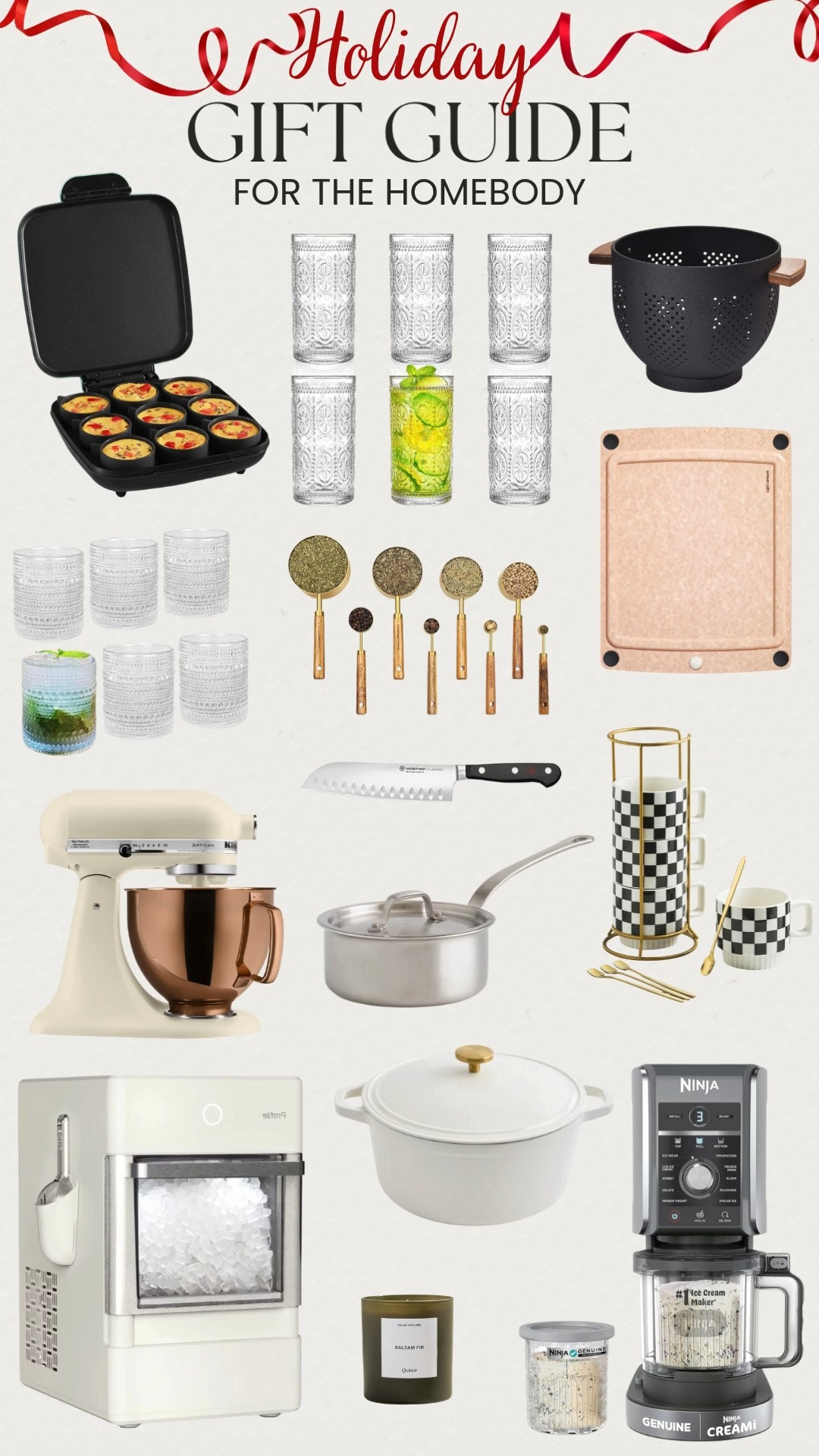 Holiday Gift Guide for the Homebody 🎁✨
Cozy days in the kitchen just got even better with these homebody approved favorites! Sharing the best picks like the egg bite maker, stylish drinking glasses, a new strainer, cutting board, and measuring cups for everyday ease. I also added bigger wishlist items like the KitchenAid mixer, countertop ice maker, Ninja Creami, cozy mugs, and classic cookware like a 2-quart saucepan and Dutch oven. Perfect for gifting or treating yourself! 🍳☕🏡✨ 

 #LTKGiftGuide #LTKfoodie #LTKHome