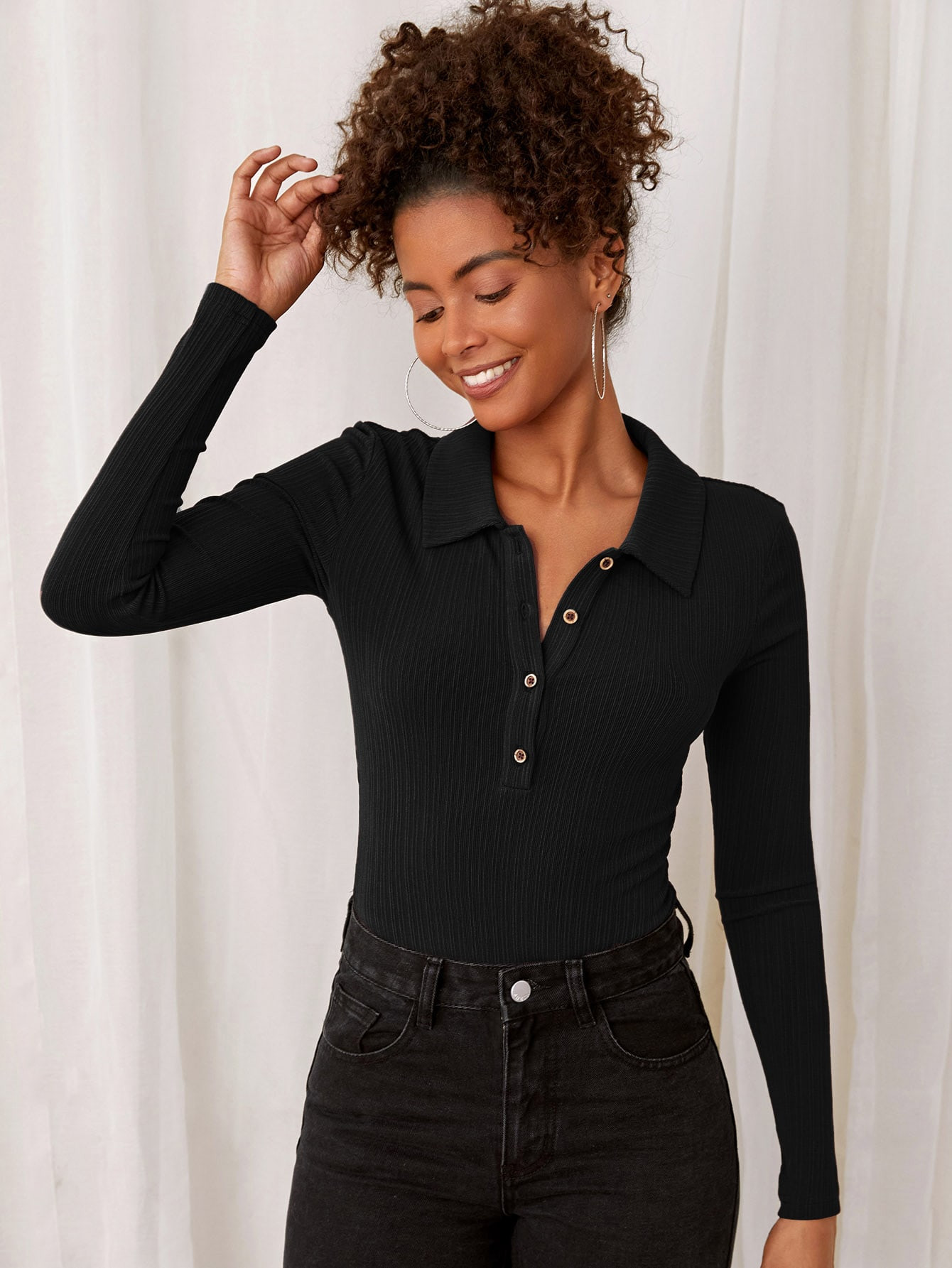 SHEIN Button Half Placket Rib-knit Bodysuit | SHEIN