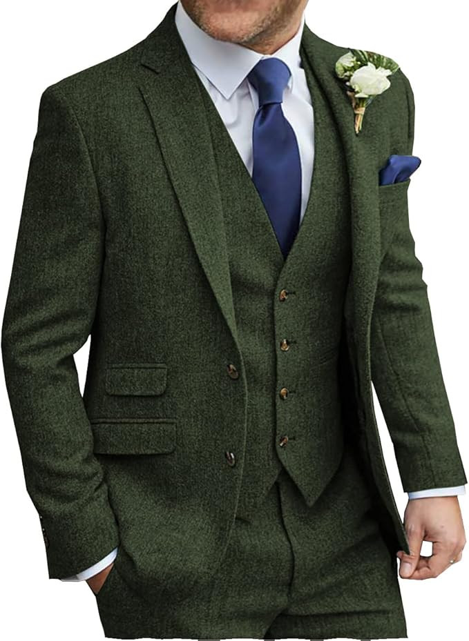 MoranX Men's Suits Formal Regular Fit 3 Piece Herringbone Tweed Wool Business Jacket Tuxedos Blaz... | Amazon (US)