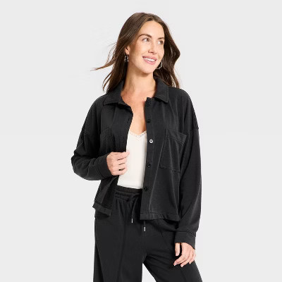 Women's Lightweight Fleece Collared Button-Down Shirt - Universal Thread™ Black S | Target