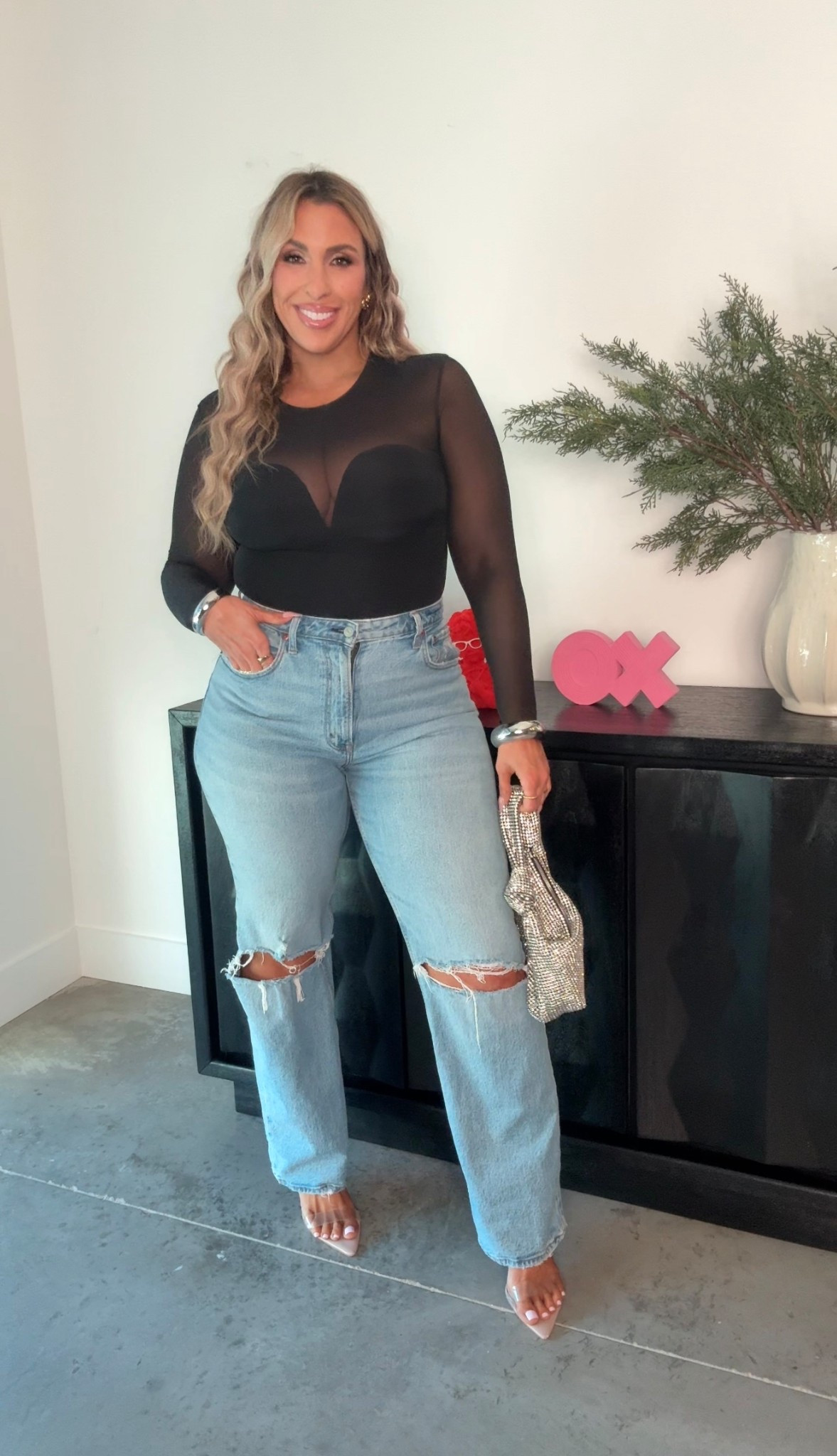 valentine’s day outfit 

black long sleeve bodysuit XL (compression do not size down) 

Abercrombie curve love this exact wash is sold out. Linked the same style in a similar wash. I size down to the 30L (10)  for a snug fit. (slight stretch) 

#LTKMidsize

#LTKOver40