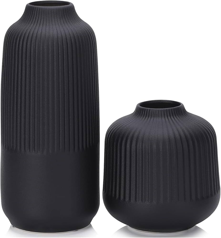 Ceramic Flower Vase Set 2 Large Matte Black Vase for Home Decor Ribbed Vases for Room Office Shel... | Amazon (US)