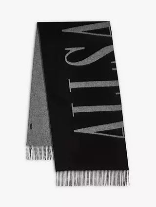 AllSaints Alon Reverse Logo Wool Scarf, Black | John Lewis (UK)