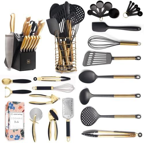 Black and Gold Knife Set with Block, Gold Kitchen Utensils, Gold Utensil Holder, Gold Measuring Cups | Amazon (US)