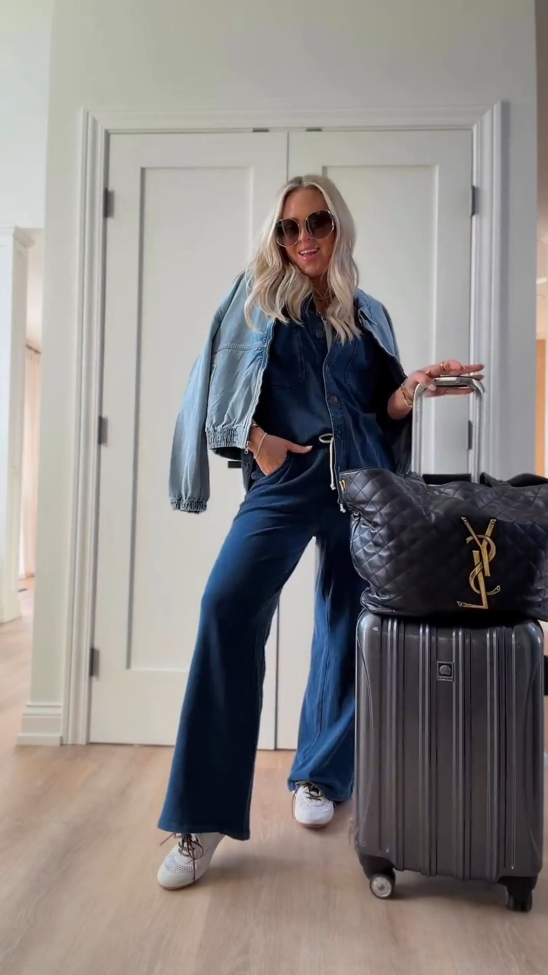 Looks like denim but it’s sweats! Also got in this new denim bomber which I love and it’s on sale! ✨✨✨

I did medium in pants for length and small in tops. More colors. 

Travel set. Travel. Lounge set. Sweats. 

#LTKSeasonal #LTKTravel