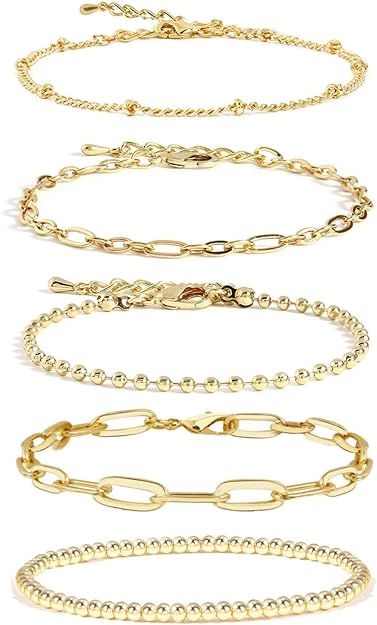 CONRAN KREMIX Gold Bracelet Sets for Women Girls 14K Real Gold Chain Dainty Link Paperclip Bracel... | Amazon (US)